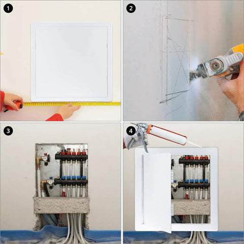 Heavy Duty 16 X 16 Inch Access Panel For Drywall With Rock Solid ABS Plastic Build And Clean White Cover in installation steps.