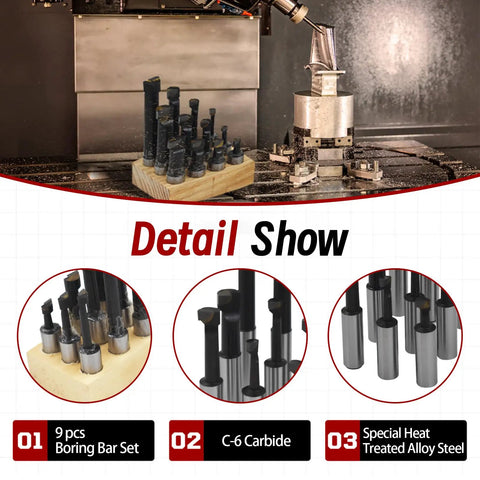 Nine Piece Boring Bar Set With One Half Inch Shank C6 Carbide Tipped Bars for lathe and milling tools with wood base