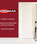 Beefy Heavy Duty Door Jammer Security Bar Withstand Up To 2560 Lbs, installed on a white door, solid steel, powder coated finish.