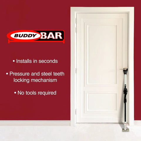 Beefy Heavy Duty Door Jammer Security Bar Withstand Up To 2560 Lbs, installed on a white door, solid steel, powder coated finish.