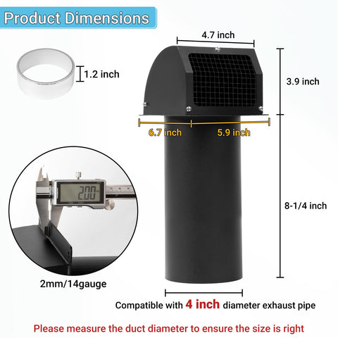 Heavy-Duty 4-Inch Dryer Vent Cover With Screen And Damper, 14 Gauge Steel Outdoor Vent Cap Black dimensions and measurements