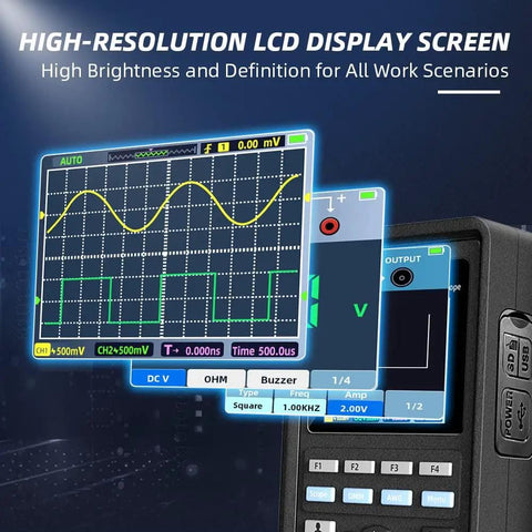 High-resolution LCD screen of 3 In 1 Handheld Oscilloscope With 40 MHz 2 Channel Automatic Digital Oscilloscope, Multimeter And Waveform Generator