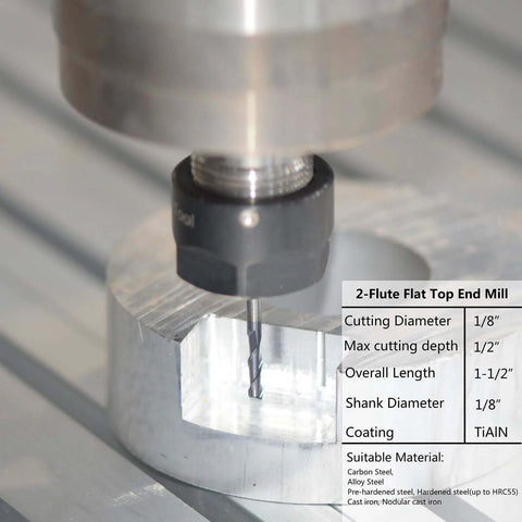 SpeTool 2-flute square-nose carbide end mill, TiAlN coating, 1/8 in shank installed in chuck (close-up)