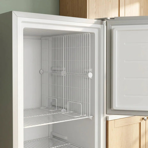 Heavy Duty Adjustable Freezer Dividers For Upright Fridge Rock Solid White Wire Partition With Seamless Locking Clips inside a freezer.