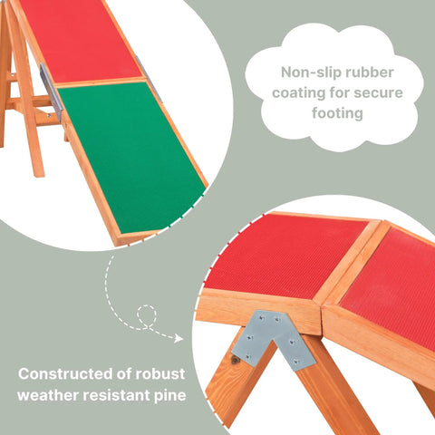 Agility Dog Walk Ramp with color coded contact zones, showing red and green sections, non-slip rubber, weather resistant pine