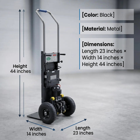 Heavy Duty 1200W Electric Dolly Stair Climber With 800lb Capacity And Folding Telescopic Handle, black metal design, 23x14x44 inches.