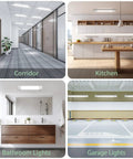 5000K LED Ceiling Light Fixture With Plug In, Linkable 16W Shop Tube Light shown in corridor, kitchen, bathroom, and garage.