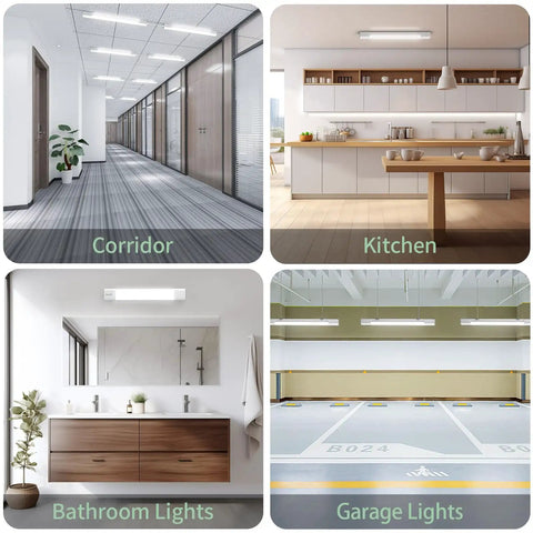 5000K LED Ceiling Light Fixture With Plug In, Linkable 16W Shop Tube Light shown in corridor, kitchen, bathroom, and garage.