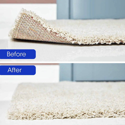 Before and after using 16 Piece Rug Tape Kit Dual Sided Washable Removable Non Slip Adhesive Rug Stopper Keeps Rugs Put In Place On Hardwood Floors And Tile Prevents Curling And Slipping For Pets And Busy Living Rooms.