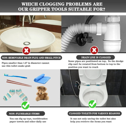 Different clogging problems addressed by 51 Inch Toilet Snake Clog Remover With 4 Claws Bendable Hose Pickup Reach Tool, Toilet Auger Grabber For Blocked Drains And Pipes, Heavy Duty Plumbing Snake With Anti Slip ABS Handle And Telescoping Steel.