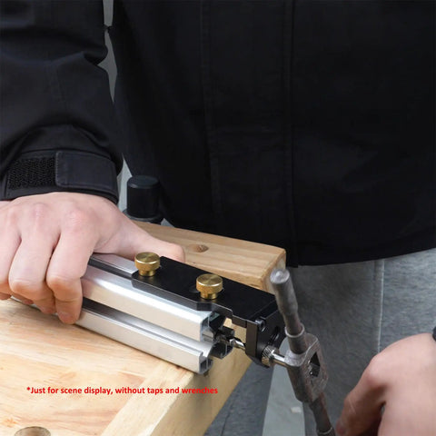 Dead Nuts Accurate Aluminum Profile Tapping Aid Tool With Heavy Duty Tap Guide Jig for 20 30 40 Series Extrusions in use on wood.