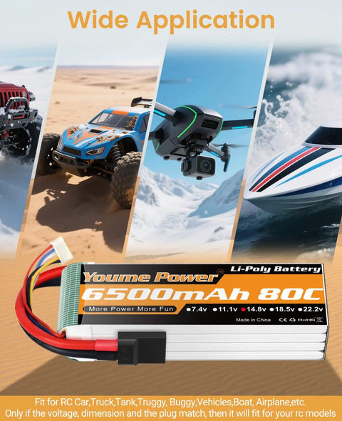 Two Pack 4S 6500mAh 80C LiPo Battery With Soft Case and TR Connector for RC Vehicles, Drone, and Boat
