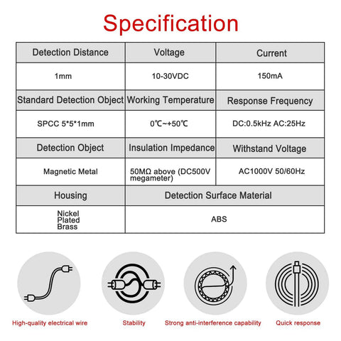 Specification sheet for Inductive Proximity Sensor Shield Type LJ5A3 1mm Sensing Distance NPN Normally Open 3-Wire, 10-30V DC, 150mA, Shielded Workhorse Detector For Metal, 5mm Mount Hole, 200cm Cable, Industrial Grade Positioning Sensor For Automation And Machinery