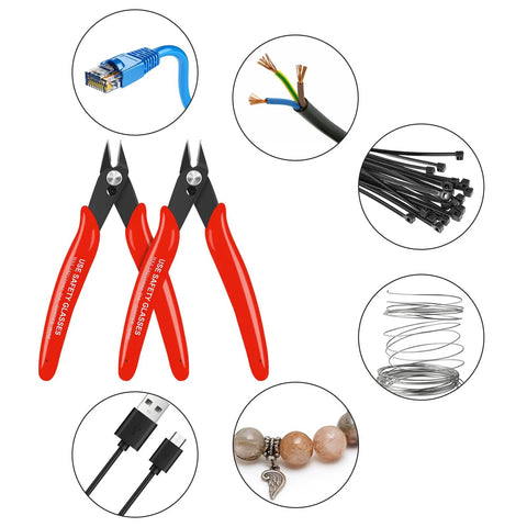 Five Piece Micro Flush Cutters Set For Electronics Projects And Jewelry Making, 5 Inch Diagonal Wire Cutters, Red Handles