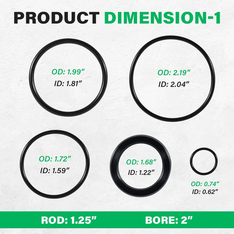 Beefed Up Heavy Duty Hydraulic Lift Cylinder Seals Kit 1 Pack 6803329 7137769 dimensions with rod 1.25 inch, bore 2 inch