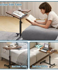 Adjustable Overbed Table With C Shape Design Portable Rolling Desk for couchside reading, brown finish, height adjustable desk