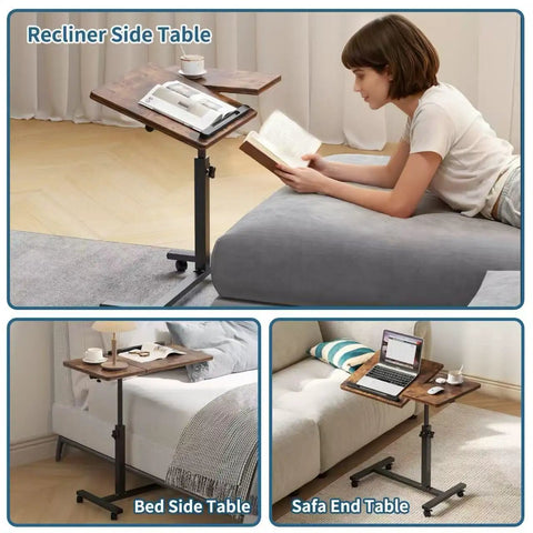 Adjustable Overbed Table With C Shape Design Portable Rolling Desk for couchside reading, brown finish, height adjustable desk
