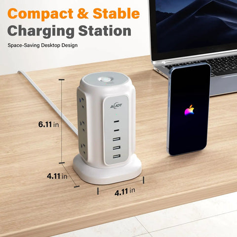 Flat Plug Power Strip Tower with Nine Outlets and Five USB Ports including Two USB C Ports on a desk setup