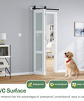 Double 18x84 White Frosted Glass Bifold Barn Door Set, 36x84 Inch with 40 Inch Hardware Kit, Modern Farmhouse Style installed