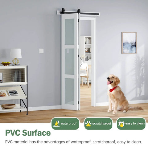 Double 18x84 White Frosted Glass Bifold Barn Door Set, 36x84 Inch with 40 Inch Hardware Kit, Modern Farmhouse Style installed