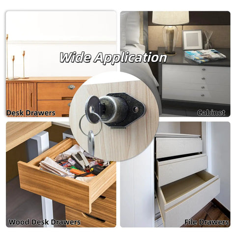 Heavy Duty Zinc Alloy Cabinet Drawer Lock With Antique Bronze Finish, includes secure keys, shown in various drawers.