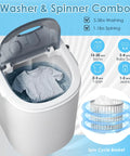 Heavy Duty Portable Washing Machine With 5.5 Pound Capacity And Quick 110V Spin Cycle, showing grey washer with clothes inside.