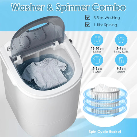 Heavy Duty Portable Washing Machine With 5.5 Pound Capacity And Quick 110V Spin Cycle, showing grey washer with clothes inside.