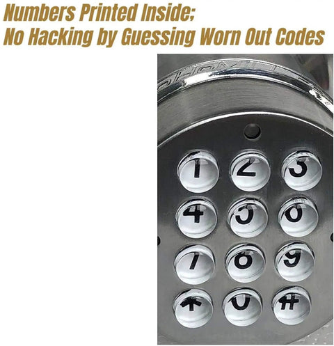 Close-up of Electronic Door Knob With Front Keypad, Spring Latch Lock with visible number pad, DIY Install, not deadbolt, maximum security.