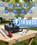 Heavy Duty 12V 50A LiFePO4 Battery Charger With 14.6V Boost 0V Wake Up 8 Protections And 3 Connectors on table outdoors