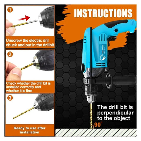 Instructions for using the Three Sixteenth to One Half Inch Drill Bit Set for Glass, Metal, Tile, Concrete and Masonry with a drill.