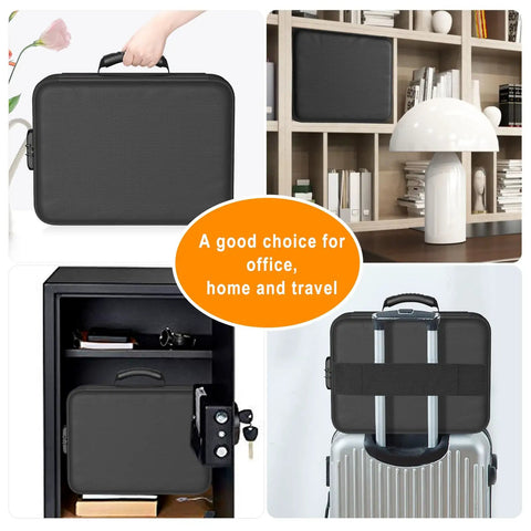 Collage showing 5200F Fireproof And Water Resistant Document Organizer With Lock Eight Layer Heat Insulated Safe Box in use.