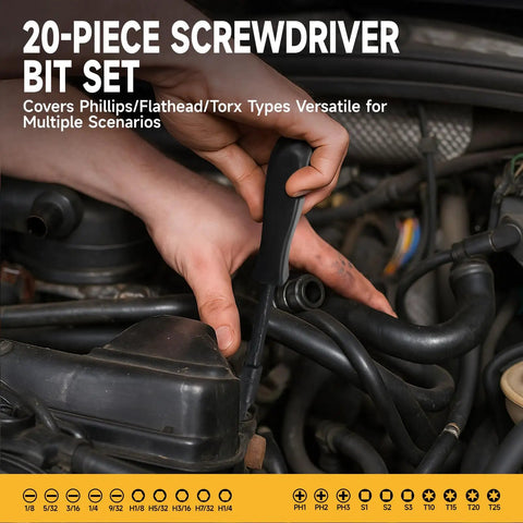20-piece screwdriver bit set used for automotive mechanics