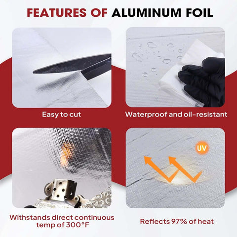 Four feature images of 78 Mil Thick Heat Shield Aluminum Foil Mat With Ceramic Fiber Barrier For Extreme Heat Up To 2300F Self Adhesive Insulation Sheet