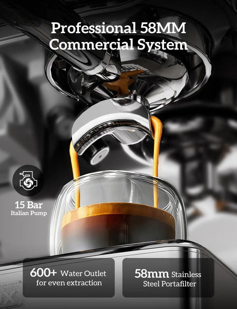 All-In-One Espresso Machine With Built-In Grinder, 58mm Portafilter, 15 Bar Pressure pouring espresso into a glass cup