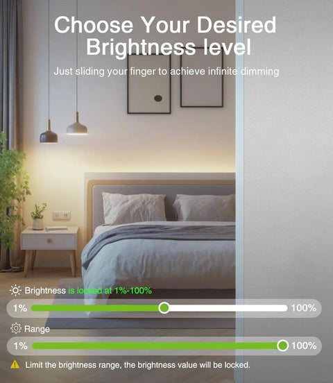 Bedroom with adjustable lighting display from Two Gang Dimmer Switch With Dual Control, 2.4Ghz WiFi Smart Light Switch Compatible With Alexa And Google Home, Single Pole Installation, Neutral Wire Required, Voice Control, FCC Certified.