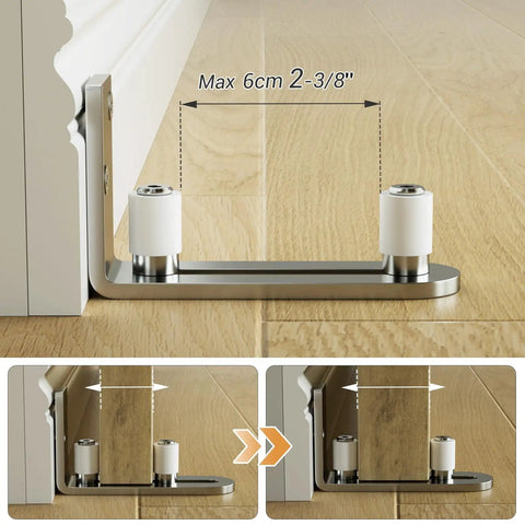 Stainless Steel Barn Door Floor Guide With Adjustable Ball Bearing Bottom Guide Wall Mount installed on wooden floor