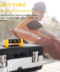 Heavy Duty 16.5 Inch Tool Box With Lockable Design, Stainless Steel And Plastic Construction, shown with worker in background.