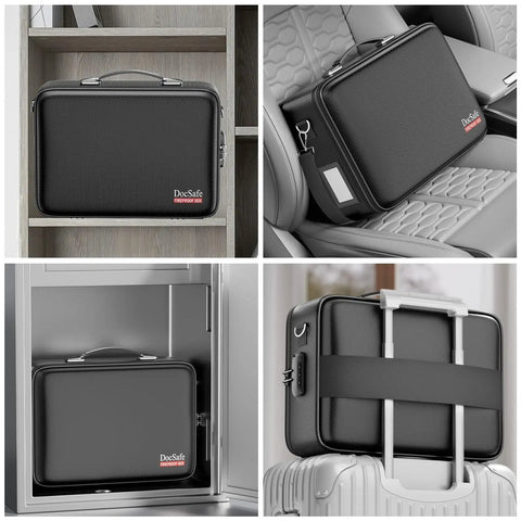 Fireproof Document Box With Lock And Shoulder Strap, Hard Shell Case File Organizer With Accordion Folders shown in various locations