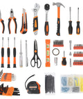 247 Piece Home And Auto Repair Tool Kit With Plastic Toolbox Storage Case, showcasing screwdrivers, pliers, and wrenches.