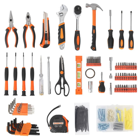 247 Piece Home And Auto Repair Tool Kit With Plastic Toolbox Storage Case, showcasing screwdrivers, pliers, and wrenches.