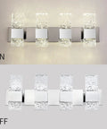 Bathroom Led Crystal Vanity Light Over Mirror Four Lights Chrome Stainless Steel Wall Mount Vanity Fixture On and Off View