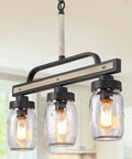 Rustic Mason Jar Chandelier For Farmhouse Kitchen Island Lighting with Metal Finish and glass pendant three clear Mason jars.
