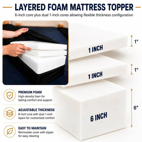 Game Changing College Dorm Bed Expansion Kit To Convert Twin Xl To 48 Inch Wide Mattress Base Featuring Heavy Duty Wooden Bunkie Board And Quick Setup Straps layered foam mattress topper showing adjustable thickness with 6-inch base and two 1-inch layers.