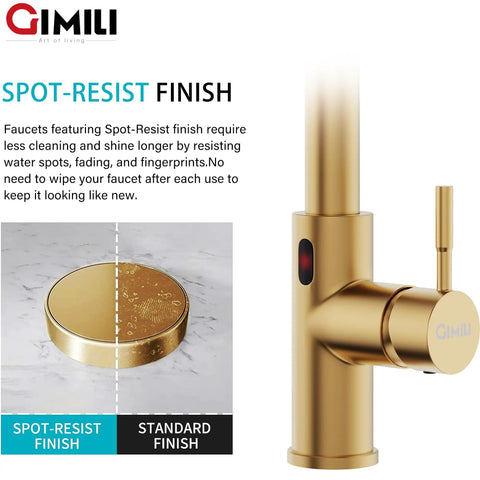 Touchless Kitchen Faucet With Pull Down Sprayer In Brushed Brass, Motion Sensor Hands Free showing spot-resist finish comparison