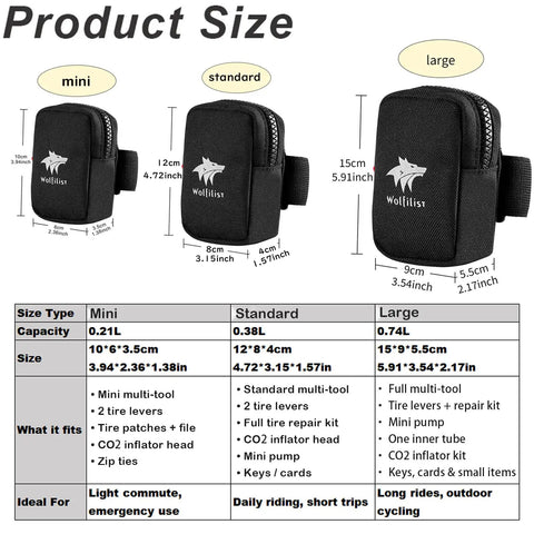Product size chart for compact under seat cycling saddle bag with easy access zipper, showing mini, standard, and large dimensions.