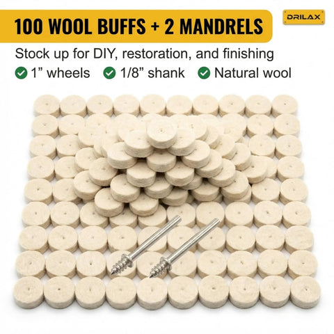 100 Count 1 Inch Wool Buffing Wheel Kit With 2 Mandrels 50 Percent Thicker Pads For Jewelry Makers DIYers Metal Stone Glass Finishing Deburring Cleaning Compatible With Dremel 401 Mandrel And Rotary Tools, 1-inch wool wheels and 1/8-inch shanks