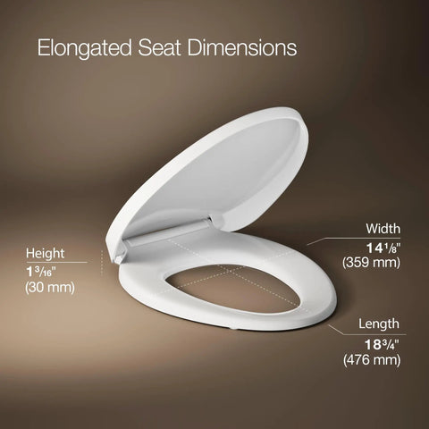 PureWarmth Heated Elongated Toilet Seat With Night Light, Quiet Close, dimensions displayed with height, width, and length measurements.