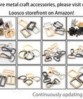 Assorted metal craft accessories including buckles, clips, and rings in various finishes displayed in a grid layout.