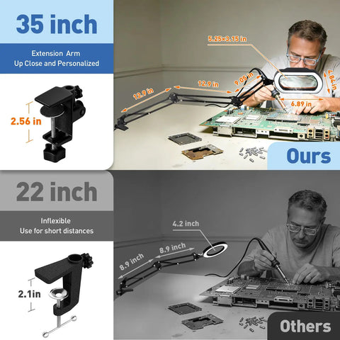 Comparison of a 12X Square Magnifying Glass With Light And Clamp Handy Hands Free Stand Ultra Long 3 Section Arm with another lamp.