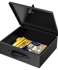 Open Heavy Duty Fireproof Document Box With Lock And Handle Large Portable Metal Safe For A4 Papers Water Resistant Vault showing valuables.